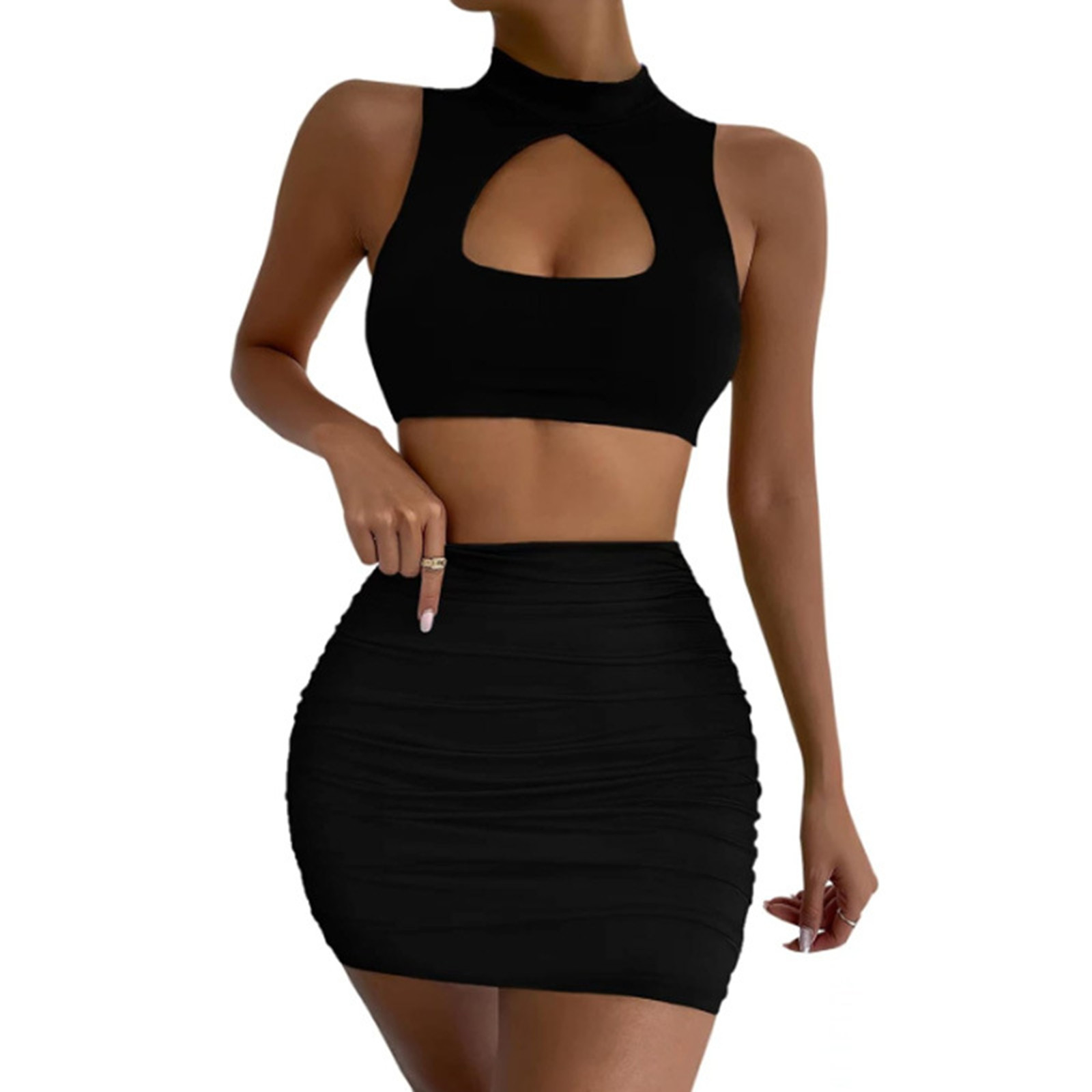 thumbnail image 5 of Conjunto de top corto con aberturas y falda para mujer: vestido ajustado sexy, poliéster y spandex, conjunto para salir de fiesta por la noche, 5 of 5